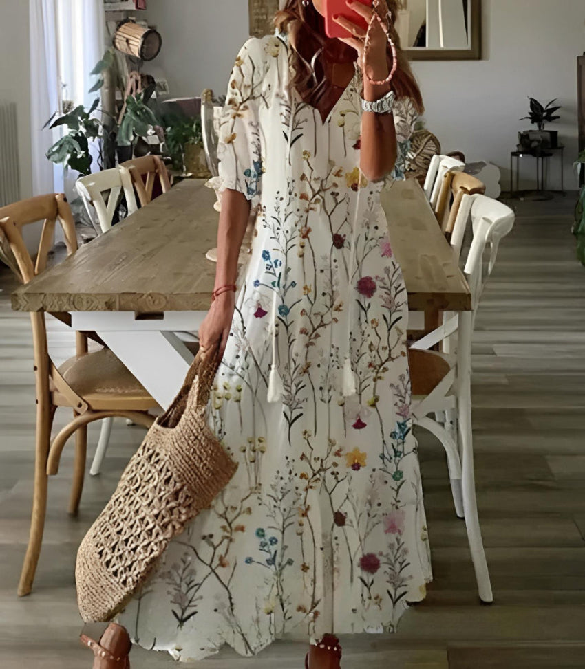 SOPHIA | Letní Boho Vintage Šaty s Výstřihem do V