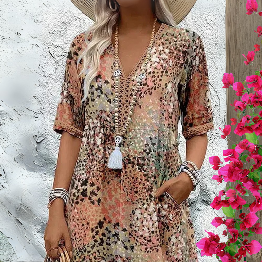 ELENA | Midi Šaty ve Stylu Boho s Výstřihem do V