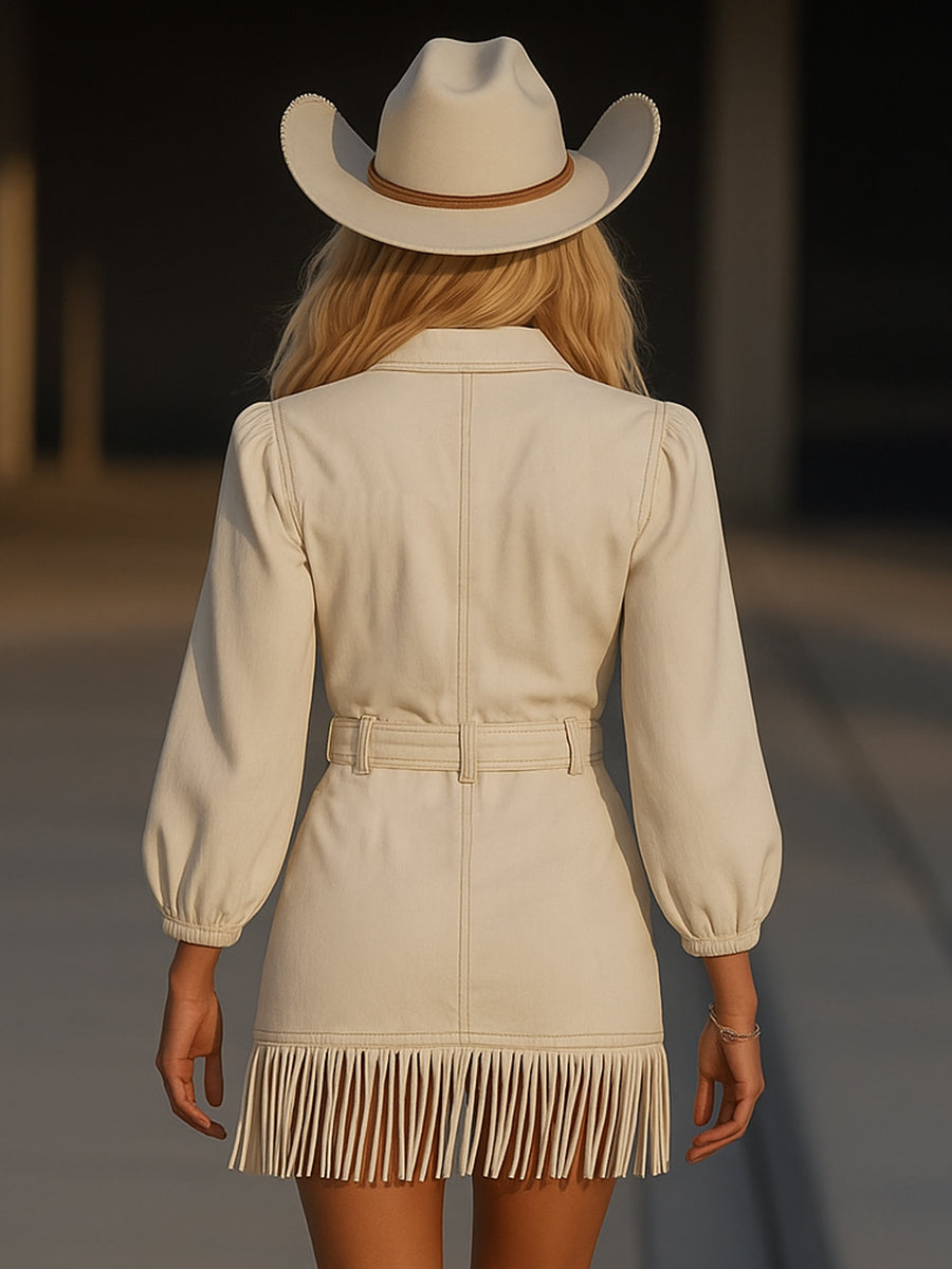 Elora – Denim Mini Dress with Chic Fringe Detailing