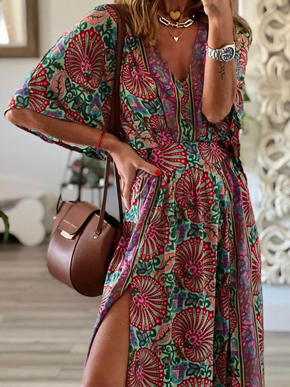 WASA | Boho Styl V-Neck Tisknutá Volná Maxi Šaty