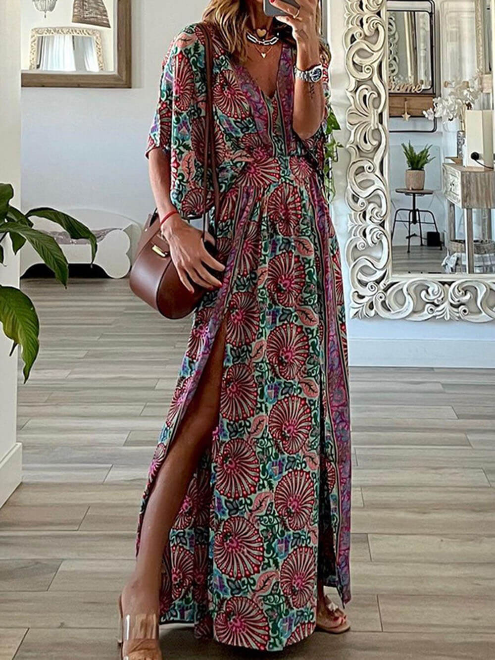 WASA | Boho Styl V-Neck Tisknutá Volná Maxi Šaty