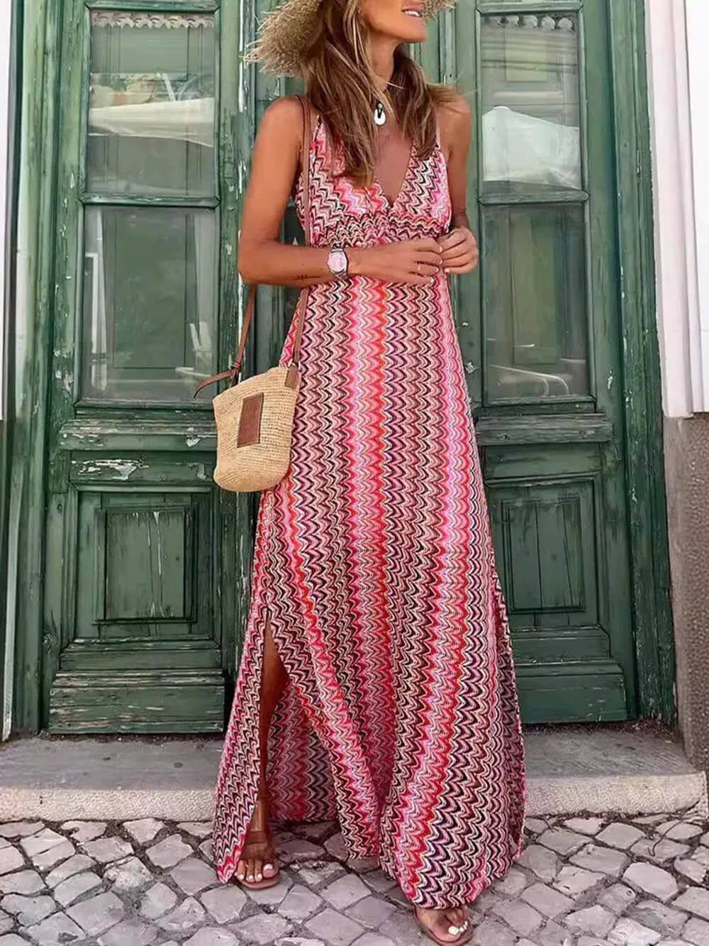 VERU | Boho Tisk Maxi Šaty s Výstřihem do V a Ramínky