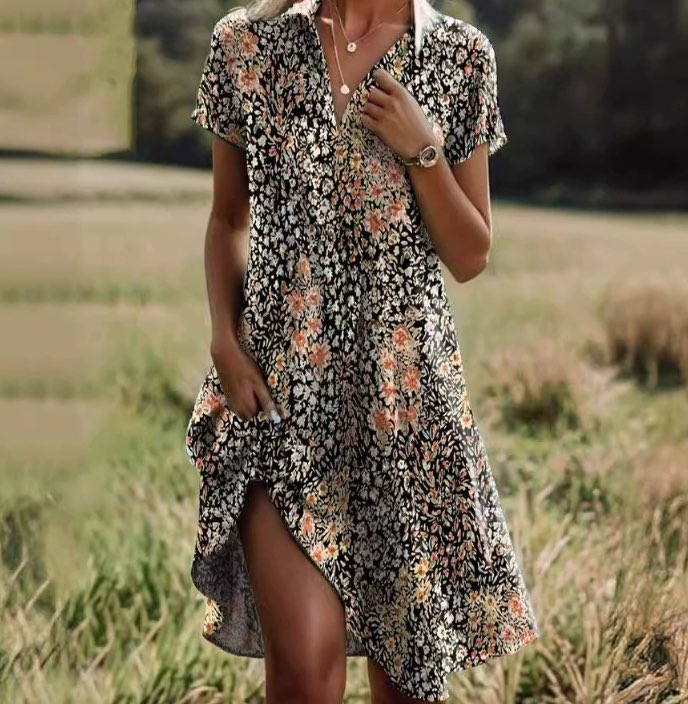 BASIA | Vintage Květinové Boho Šaty s Výstřihem do V