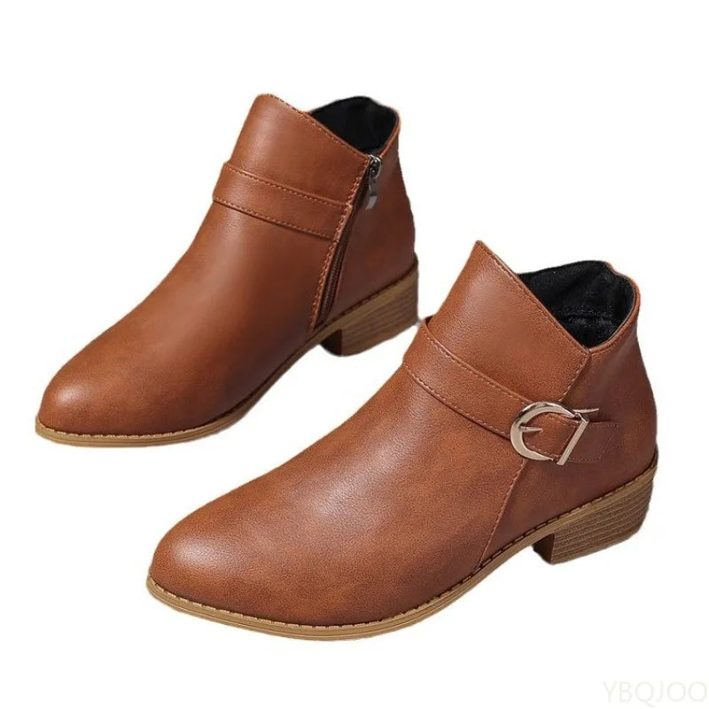 VintageCharm™ – Retro Přezkové Kotníkové Boty pro Ženy | Nízké Platformové Podzimní Krátké Boty se Bočním Zipem