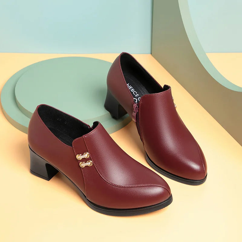 ElegantSteps™ Comfort Heels – Dámské Kožené Pracovní Lodičky | Jarní Boty s Měkkou Podrážkou & Silným Podpatkem