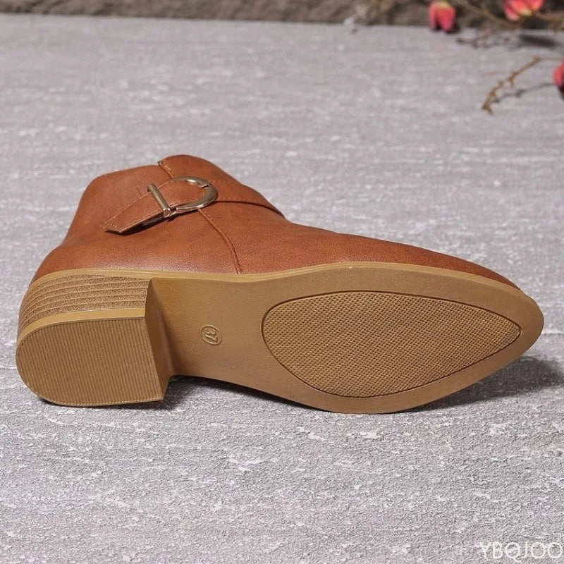 VintageCharm™ – Retro Přezkové Kotníkové Boty pro Ženy | Nízké Platformové Podzimní Krátké Boty se Bočním Zipem