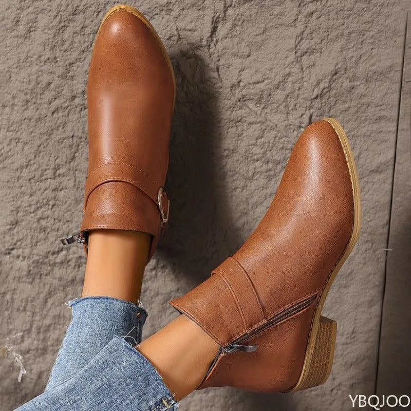 VintageCharm™ – Retro Přezkové Kotníkové Boty pro Ženy | Nízké Platformové Podzimní Krátké Boty se Bočním Zipem