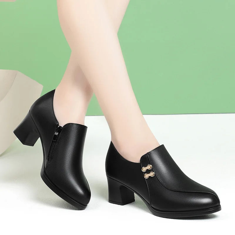 ElegantSteps™ Comfort Heels – Dámské Kožené Pracovní Lodičky | Jarní Boty s Měkkou Podrážkou & Silným Podpatkem