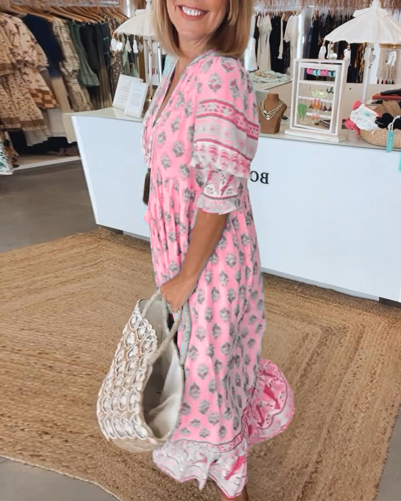 HALINA | Dlouhá boho šaty s lanternovými rukávy